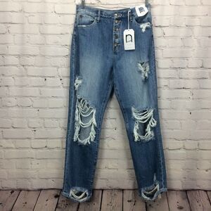 Nature Denim Jeans Womens 9/28 Blue Boyfriend Button Fly Distressed Destroyed